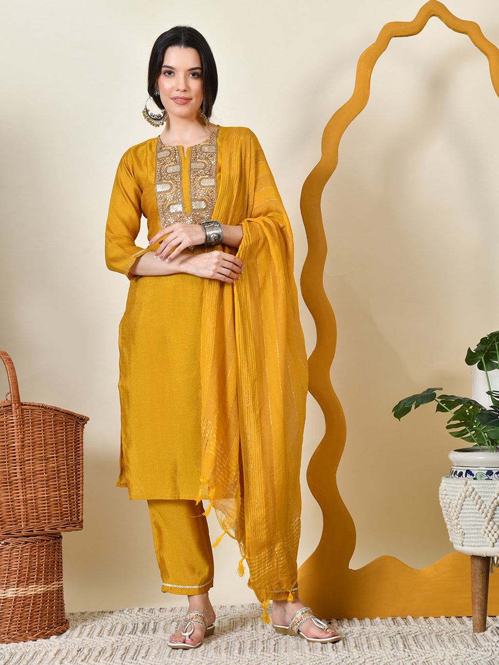 Myshka Women's Embroidered Keyhole Neck Bell Sleeves Kurta & Palazzos With Dupatta Sets in Yellow Colour | Grocsy