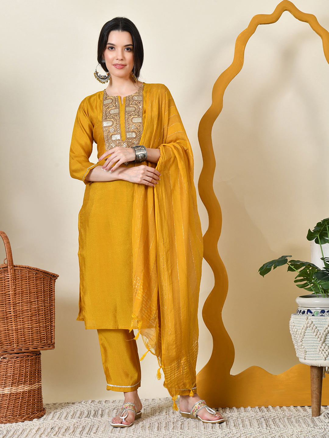 Myshka Women's Embroidered Keyhole Neck Bell Sleeves Kurta & Palazzos With Dupatta Sets in Yellow Colour | Grocsy