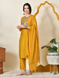 Myshka Women's Embroidered Keyhole Neck Bell Sleeves Kurta & Palazzos With Dupatta Sets in Yellow Colour | Grocsy
