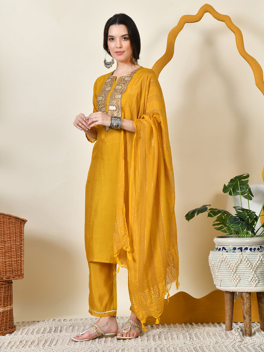 Myshka Women's Embroidered Keyhole Neck Bell Sleeves Kurta & Palazzos With Dupatta Sets in Yellow Colour | Grocsy