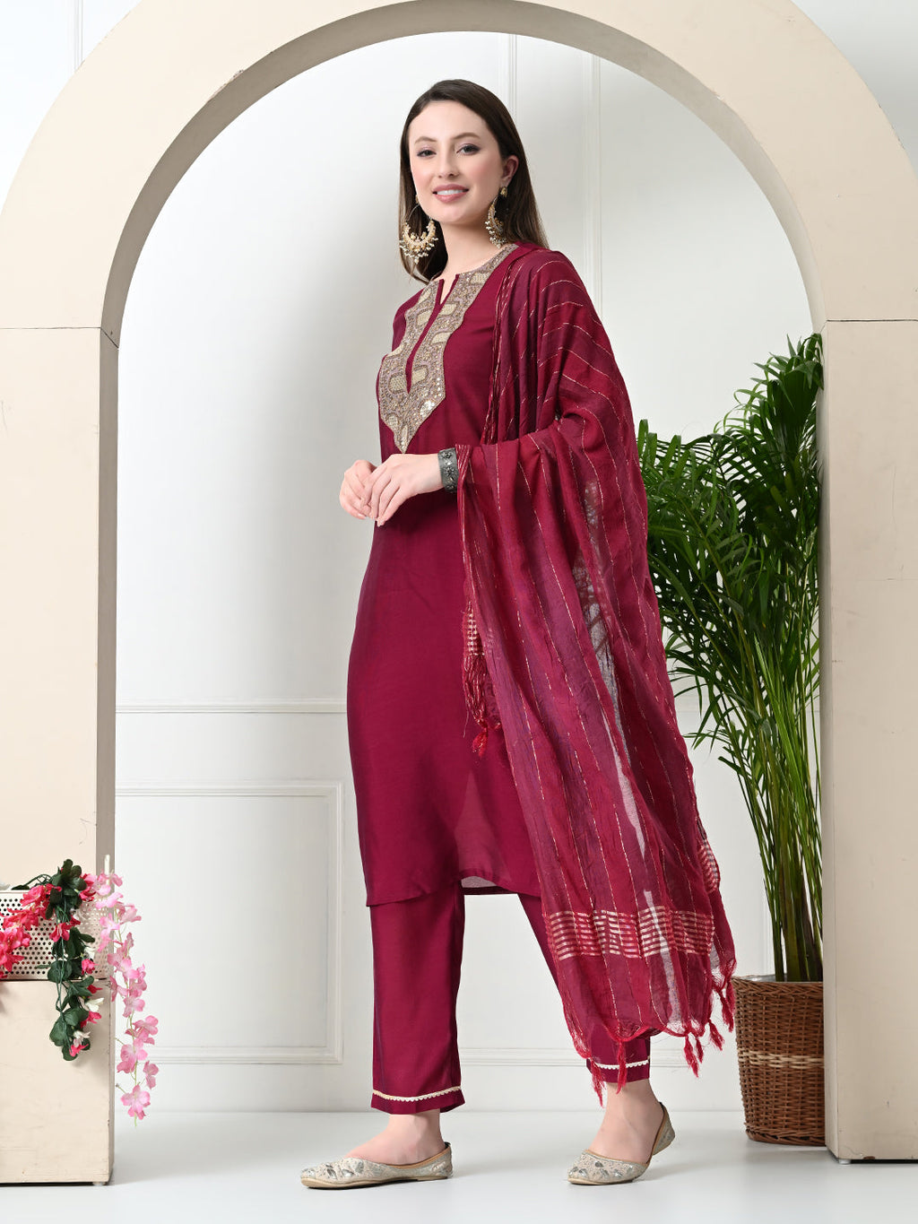 Myshka Women's Embroidered Keyhole Neck Bell Sleeves Kurta & Palazzos With Dupatta Sets in Magenta Colour | Grocsy