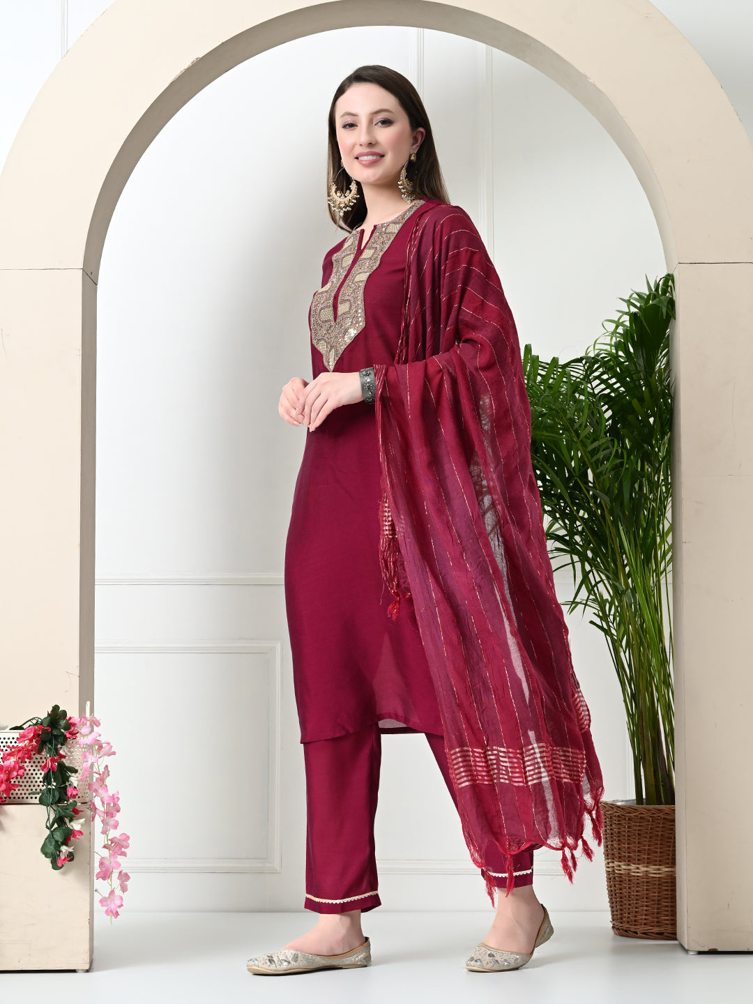 Myshka Women's Embroidered Keyhole Neck Bell Sleeves Kurta & Palazzos With Dupatta Sets in Magenta Colour | Grocsy