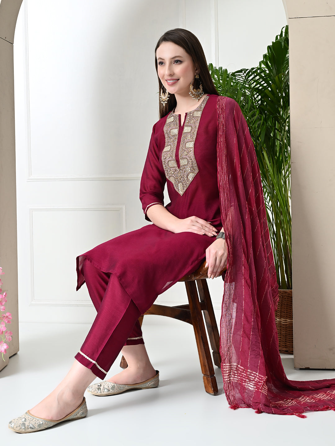 Myshka Women's Embroidered Keyhole Neck Bell Sleeves Kurta & Palazzos With Dupatta Sets in Magenta Colour | Grocsy