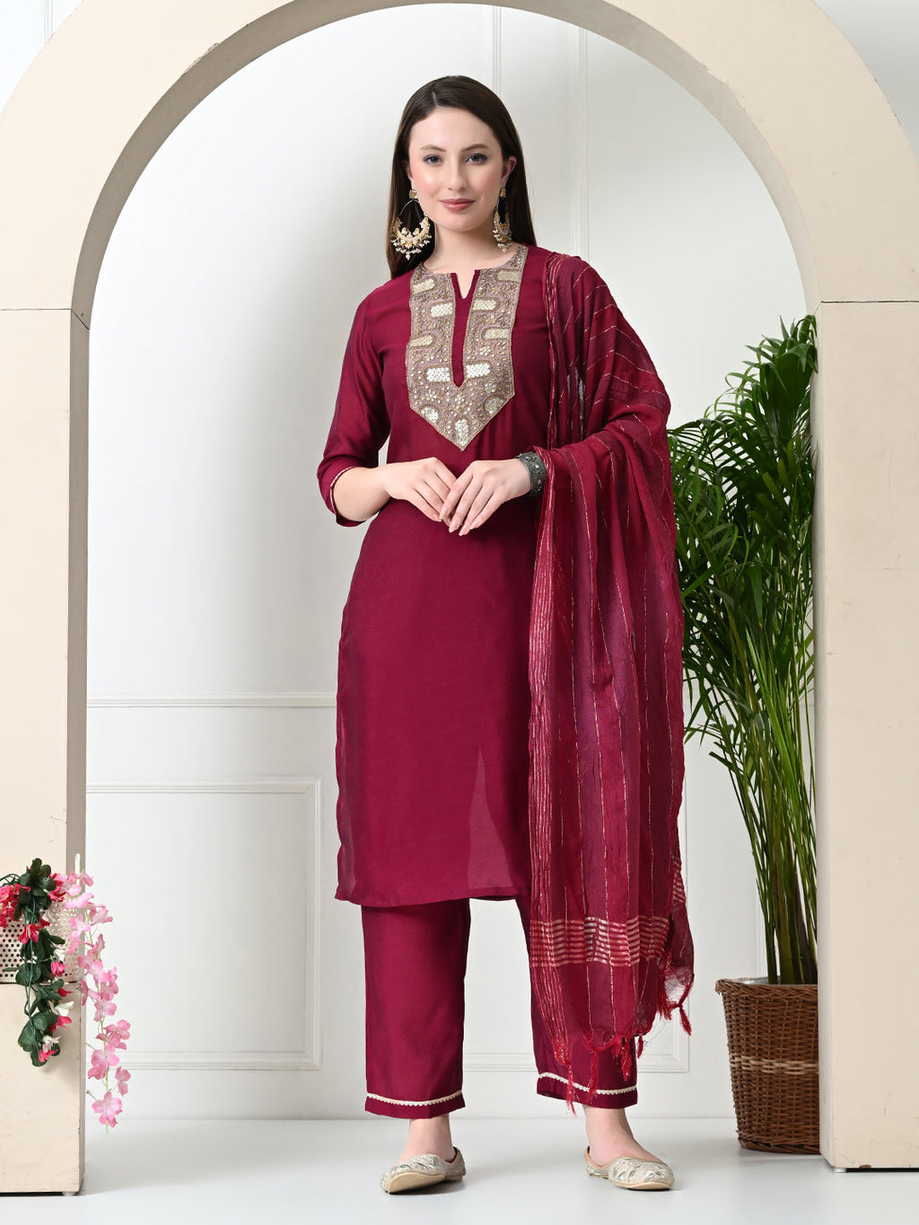 Myshka Women's Embroidered Keyhole Neck Bell Sleeves Kurta & Palazzos With Dupatta Sets in Magenta Colour | Grocsy