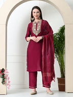 Myshka Women's Embroidered Keyhole Neck Bell Sleeves Kurta & Palazzos With Dupatta Sets in Magenta Colour | Grocsy