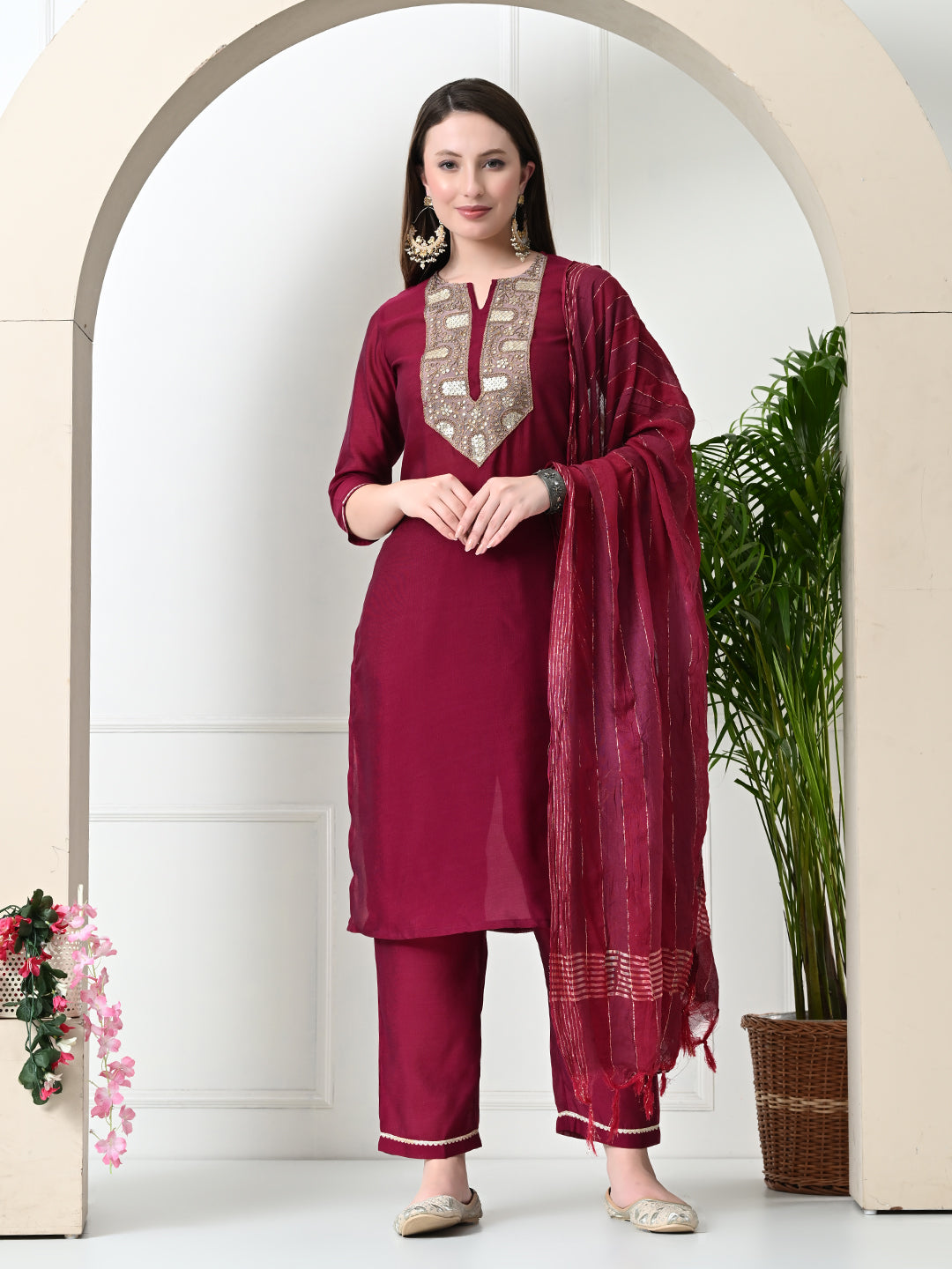 Myshka Women's Embroidered Keyhole Neck Bell Sleeves Kurta & Palazzos With Dupatta Sets in Magenta Colour | Grocsy