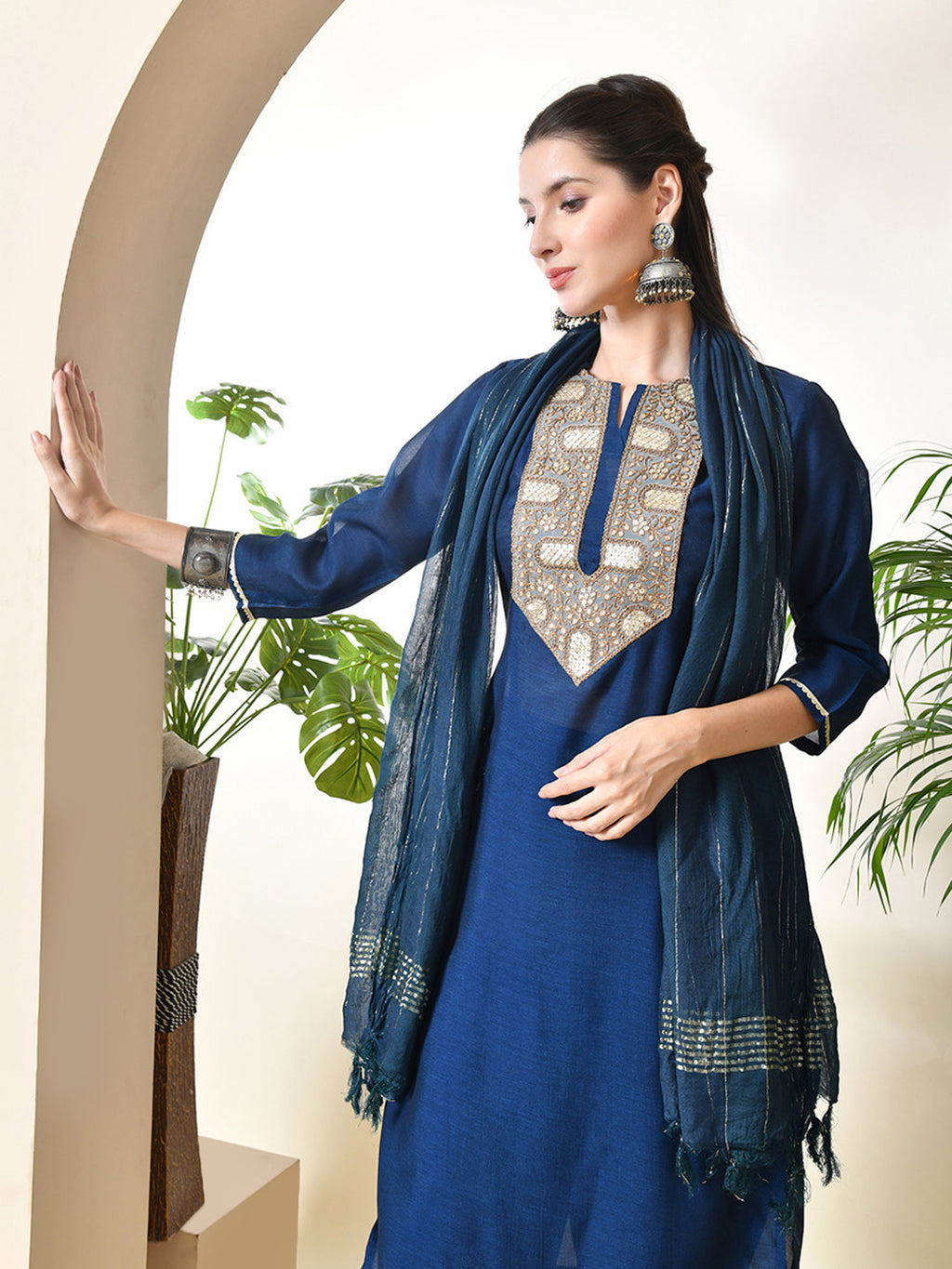 Myshka Women's Embroidered Keyhole Neck Bell Sleeves Kurta & Palazzos With Dupatta Sets in Navy Blue Colour | Grocsy