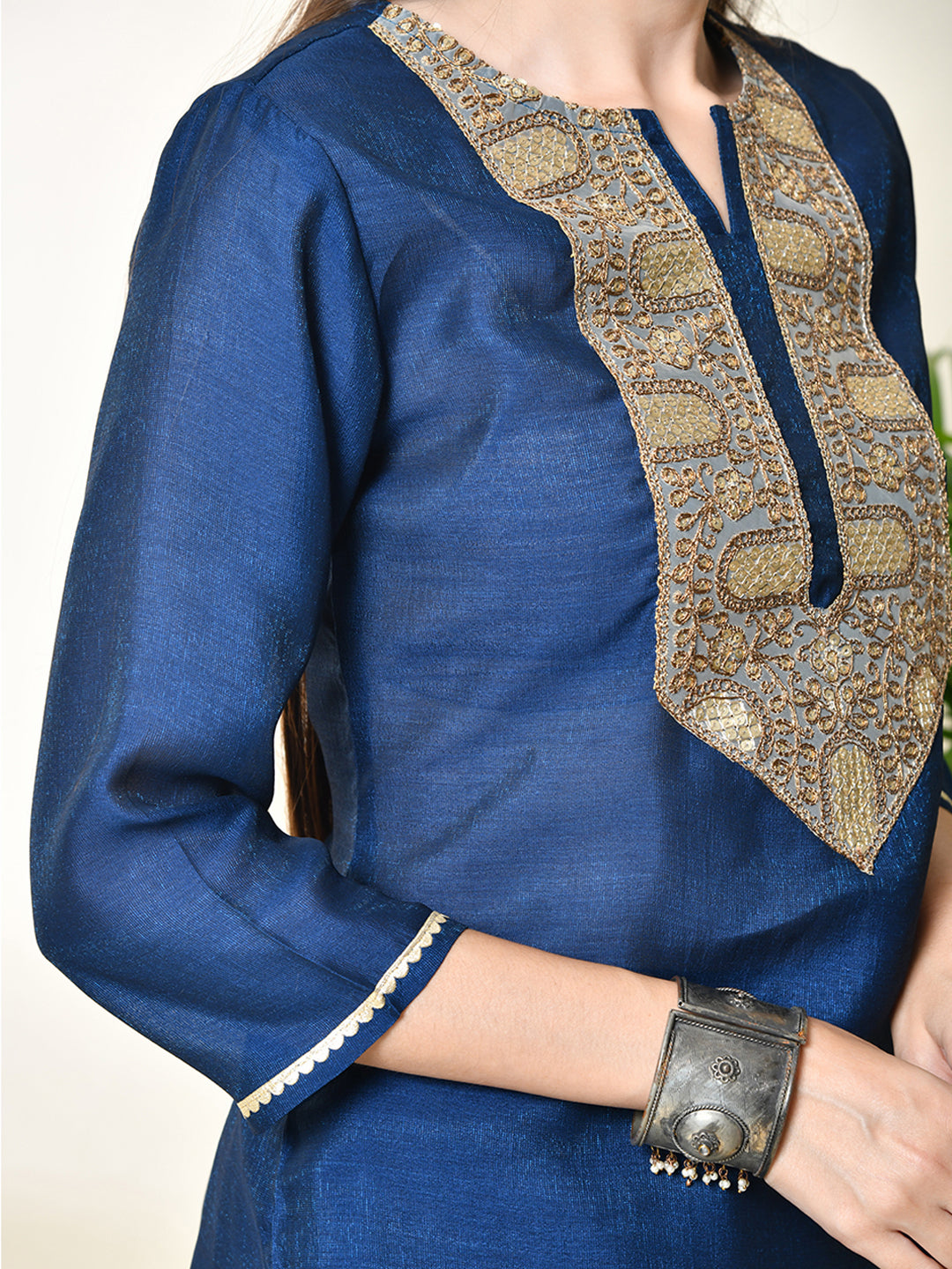 Myshka Women's Embroidered Keyhole Neck Bell Sleeves Kurta & Palazzos With Dupatta Sets in Navy Blue Colour | Grocsy