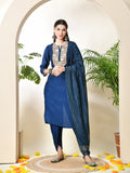 Myshka Women's Embroidered Keyhole Neck Bell Sleeves Kurta & Palazzos With Dupatta Sets in Navy Blue Colour | Grocsy