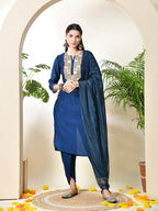 Myshka Women's Embroidered Keyhole Neck Bell Sleeves Kurta & Palazzos With Dupatta Sets in Navy Blue Colour | Grocsy