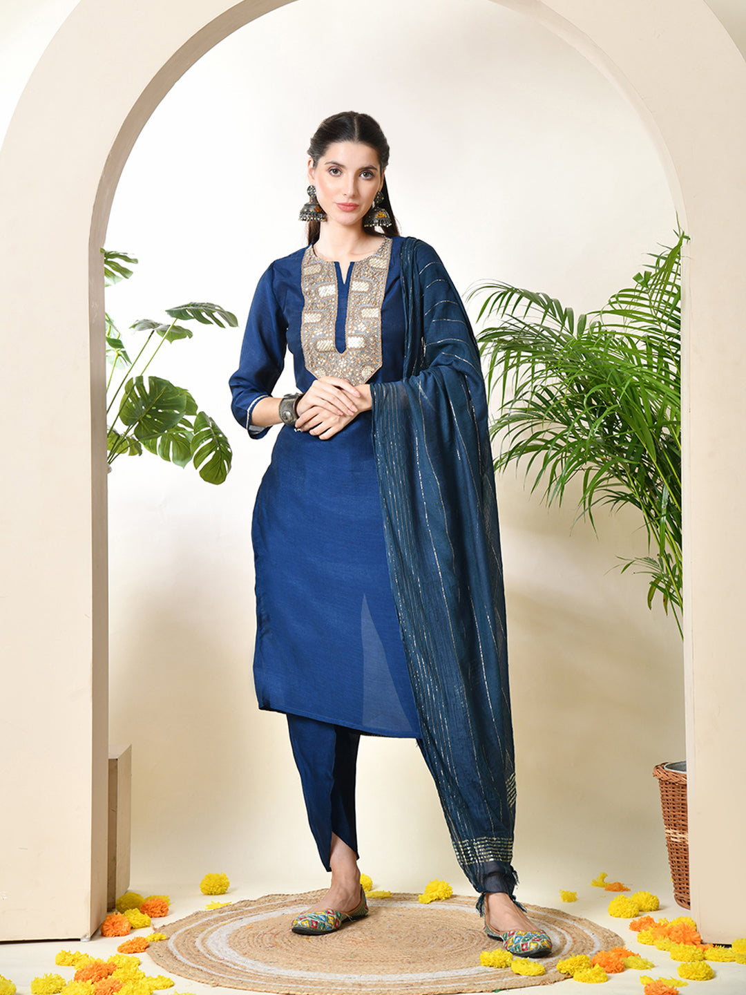 Myshka Women's Embroidered Keyhole Neck Bell Sleeves Kurta & Palazzos With Dupatta Sets in Navy Blue Colour | Grocsy