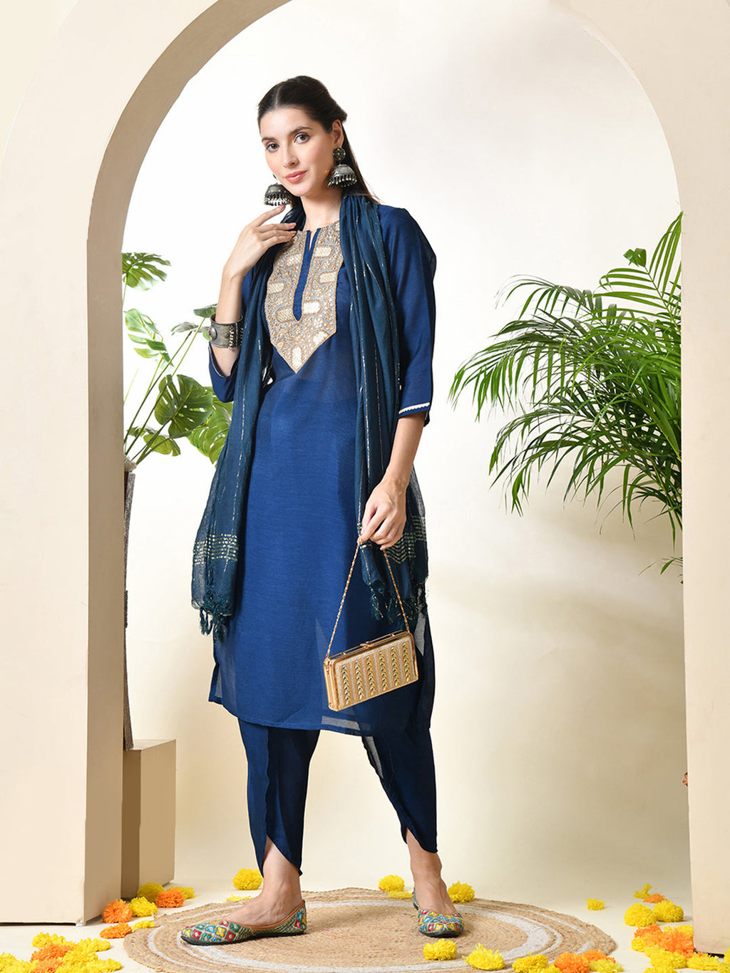 Myshka Women's Embroidered Keyhole Neck Bell Sleeves Kurta & Palazzos With Dupatta Sets in Navy Blue Colour | Grocsy
