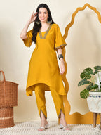 Myshka Women's Musterd Solid V-Neck Bell Sleeves Kurta & Dhoti Pants | Grocsy