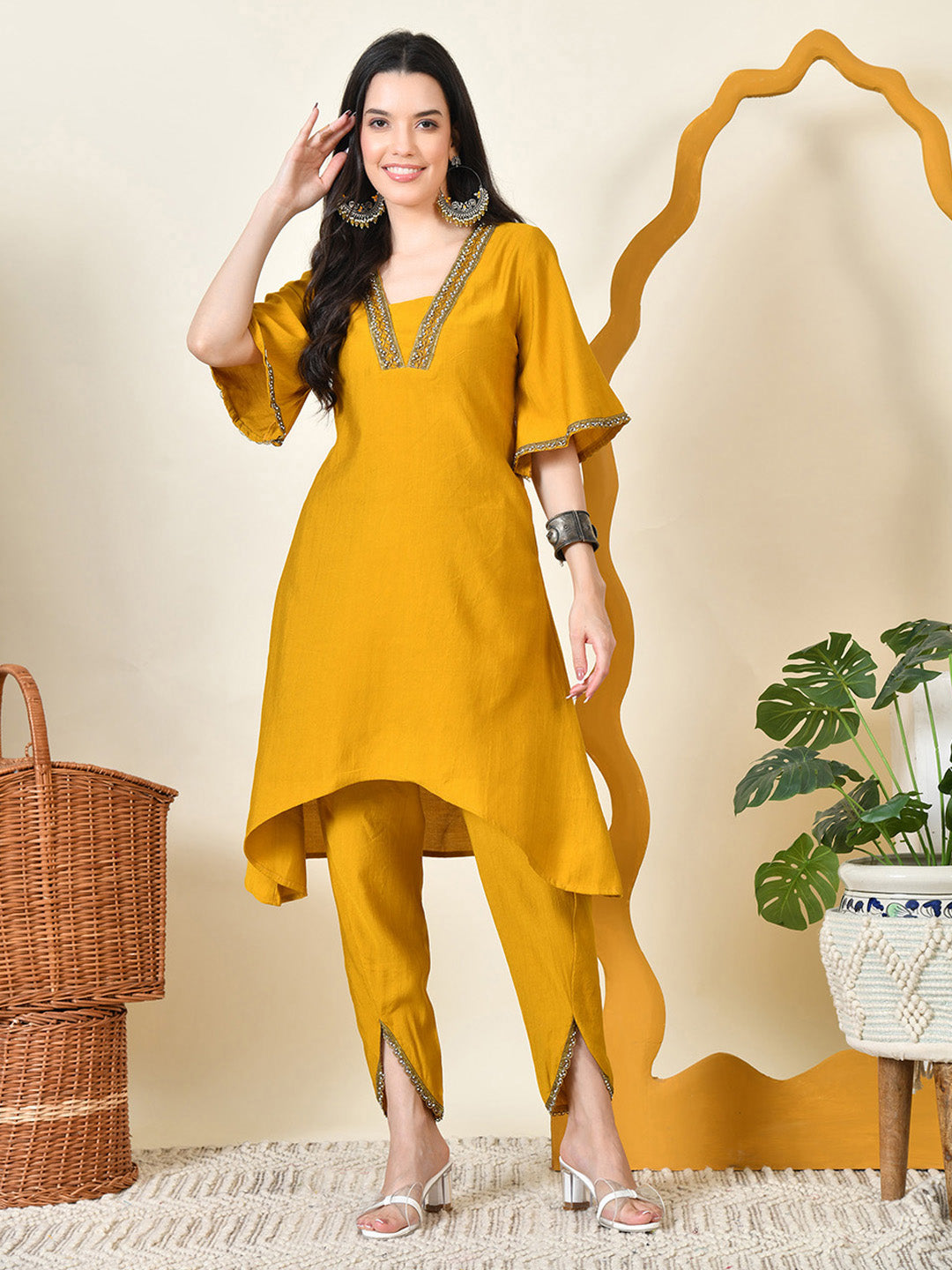 Myshka Women's Musterd Solid V-Neck Bell Sleeves Kurta & Dhoti Pants | Grocsy
