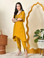 Myshka Women's Musterd Solid V-Neck Bell Sleeves Kurta & Dhoti Pants | Grocsy