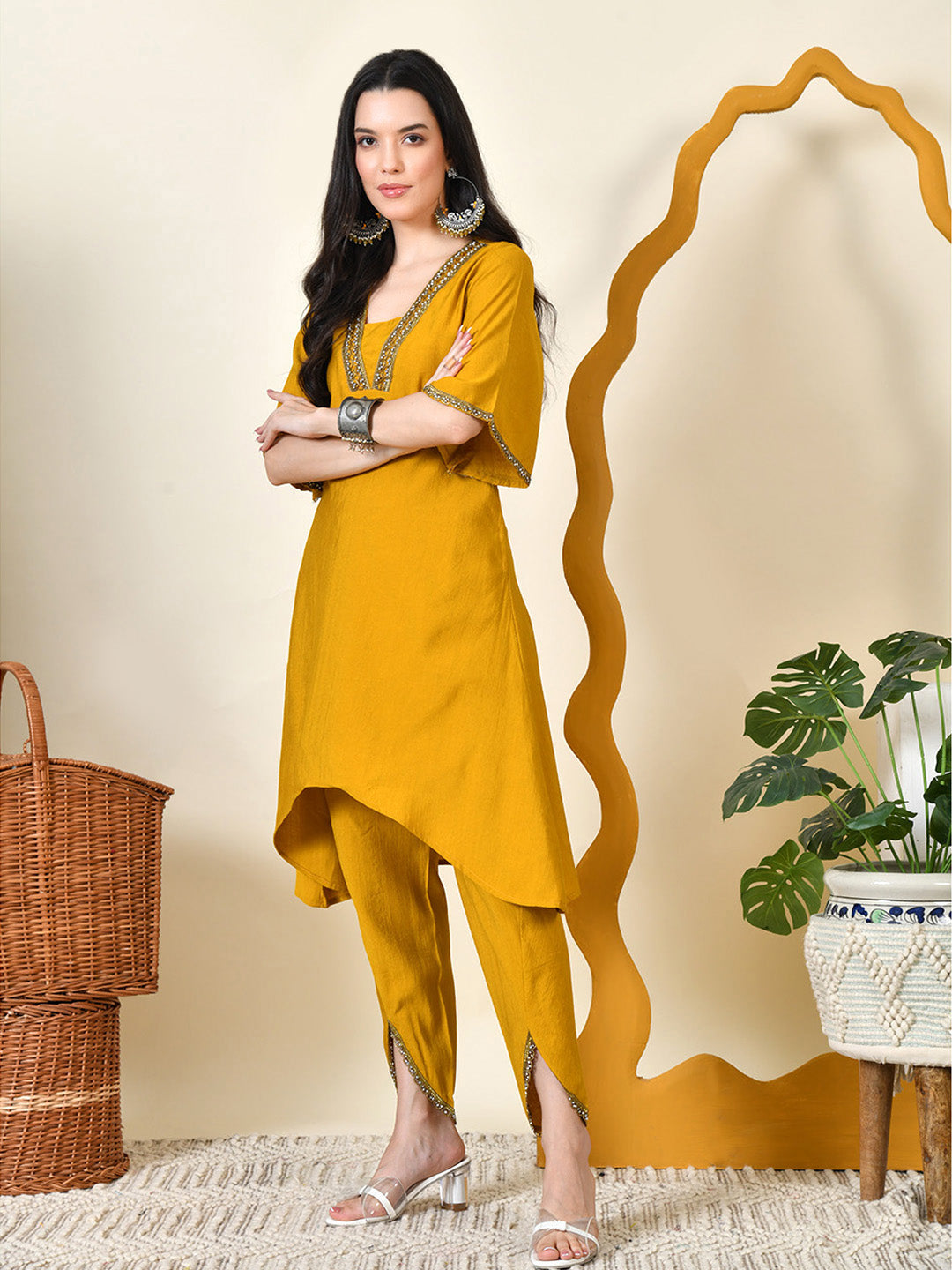 Myshka Women's Musterd Solid V-Neck Bell Sleeves Kurta & Dhoti Pants | Grocsy