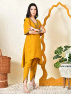 Myshka Women's Musterd Solid V-Neck Bell Sleeves Kurta & Dhoti Pants | Grocsy