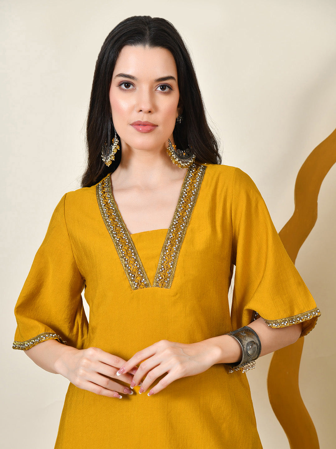 Myshka Women's Musterd Solid V-Neck Bell Sleeves Kurta & Dhoti Pants | Grocsy