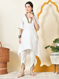 Myshka Women's White Solid V-Neck Bell Sleeves Kurta & Dhoti Pants | Grocsy
