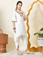 Myshka Women's White Solid V-Neck Bell Sleeves Kurta & Dhoti Pants | Grocsy