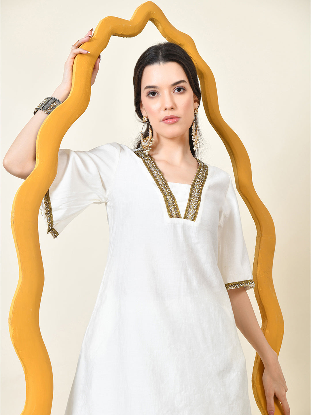 Myshka Women's White Solid V-Neck Bell Sleeves Kurta & Dhoti Pants | Grocsy