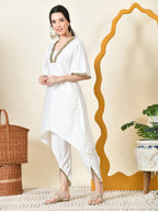 Myshka Women's White Solid V-Neck Bell Sleeves Kurta & Dhoti Pants | Grocsy