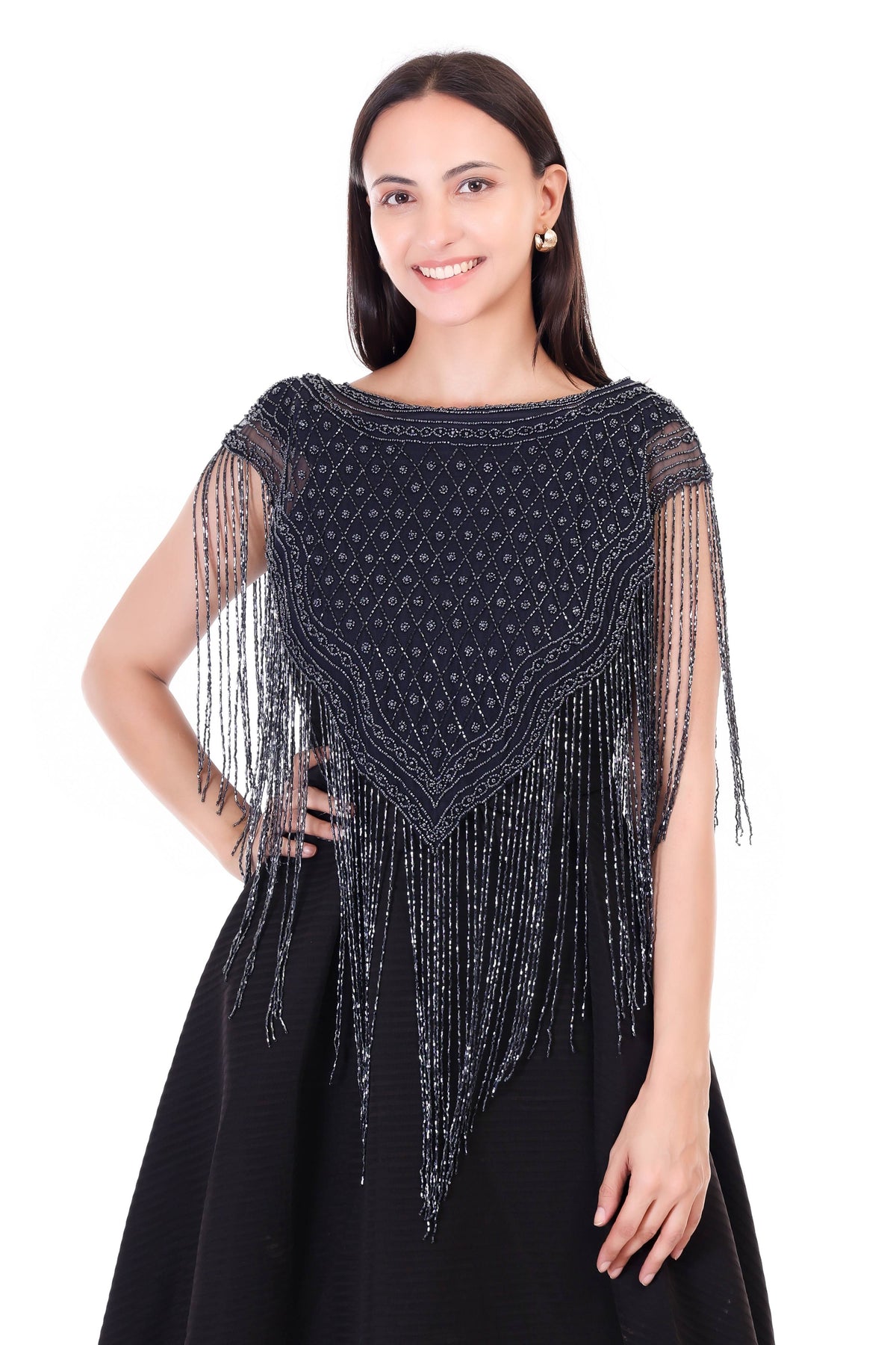 Jaitra Apparels Beads Navy Blue Embroidered Net Poncho | Grocsy