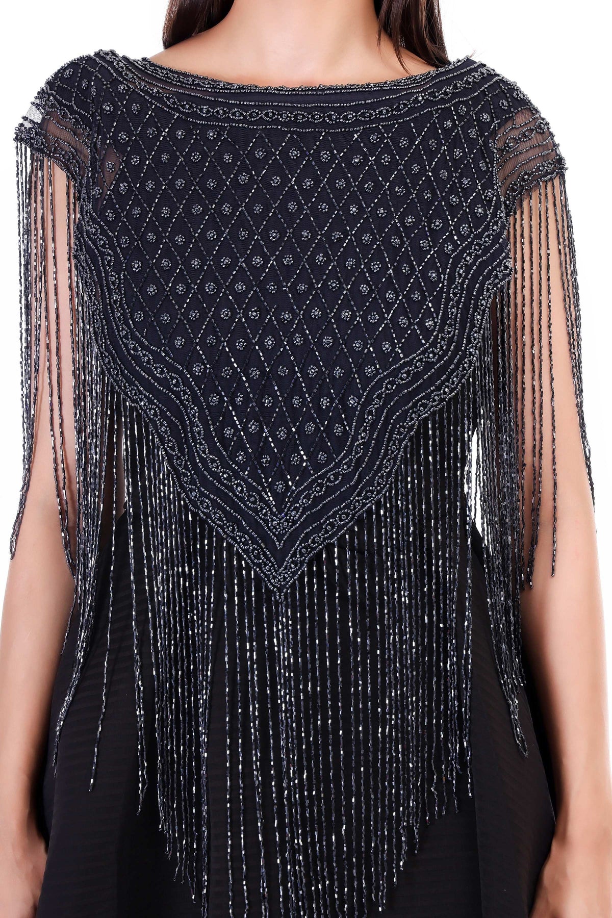 Jaitra Apparels Beads Navy Blue Embroidered Net Poncho | Grocsy