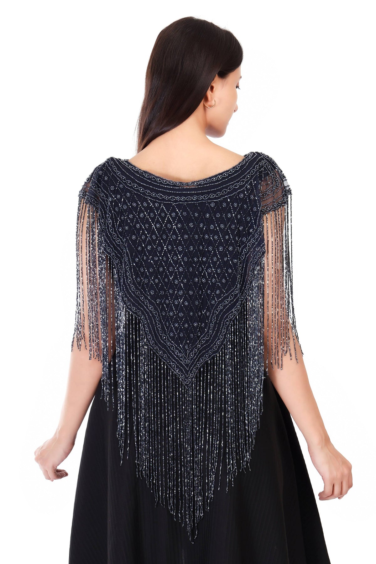 Jaitra Apparels Beads Navy Blue Embroidered Net Poncho | Grocsy