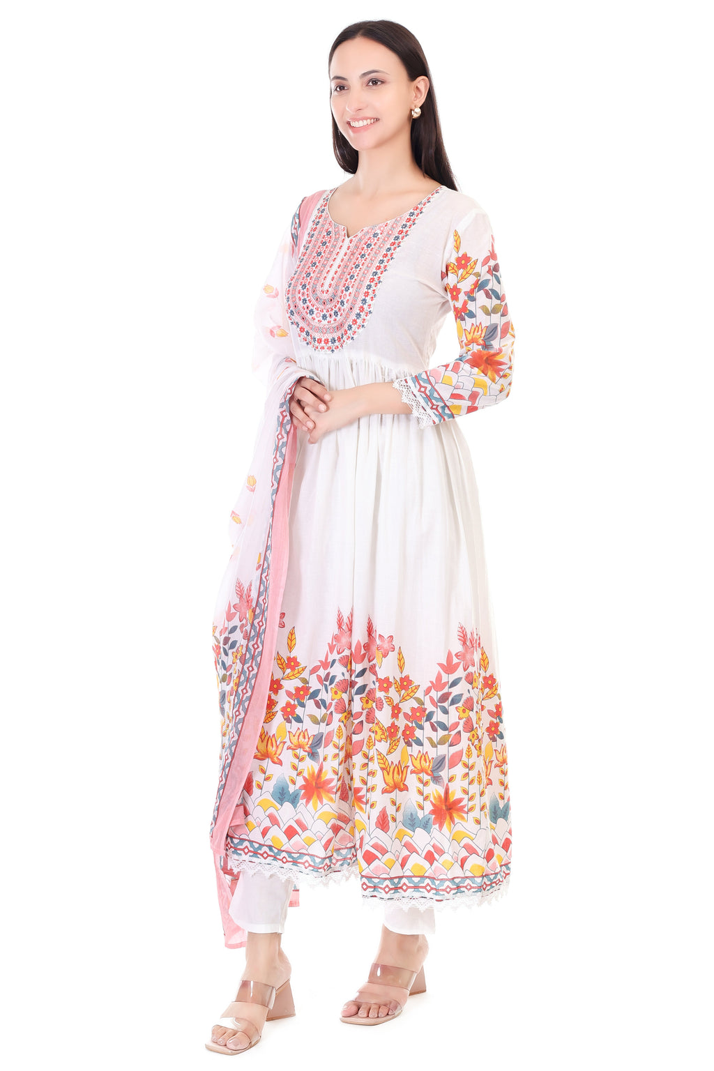 Jaitra Apparels Off White Embroidered Pure Cotton Kurta Set With Dupatta | Grocsy