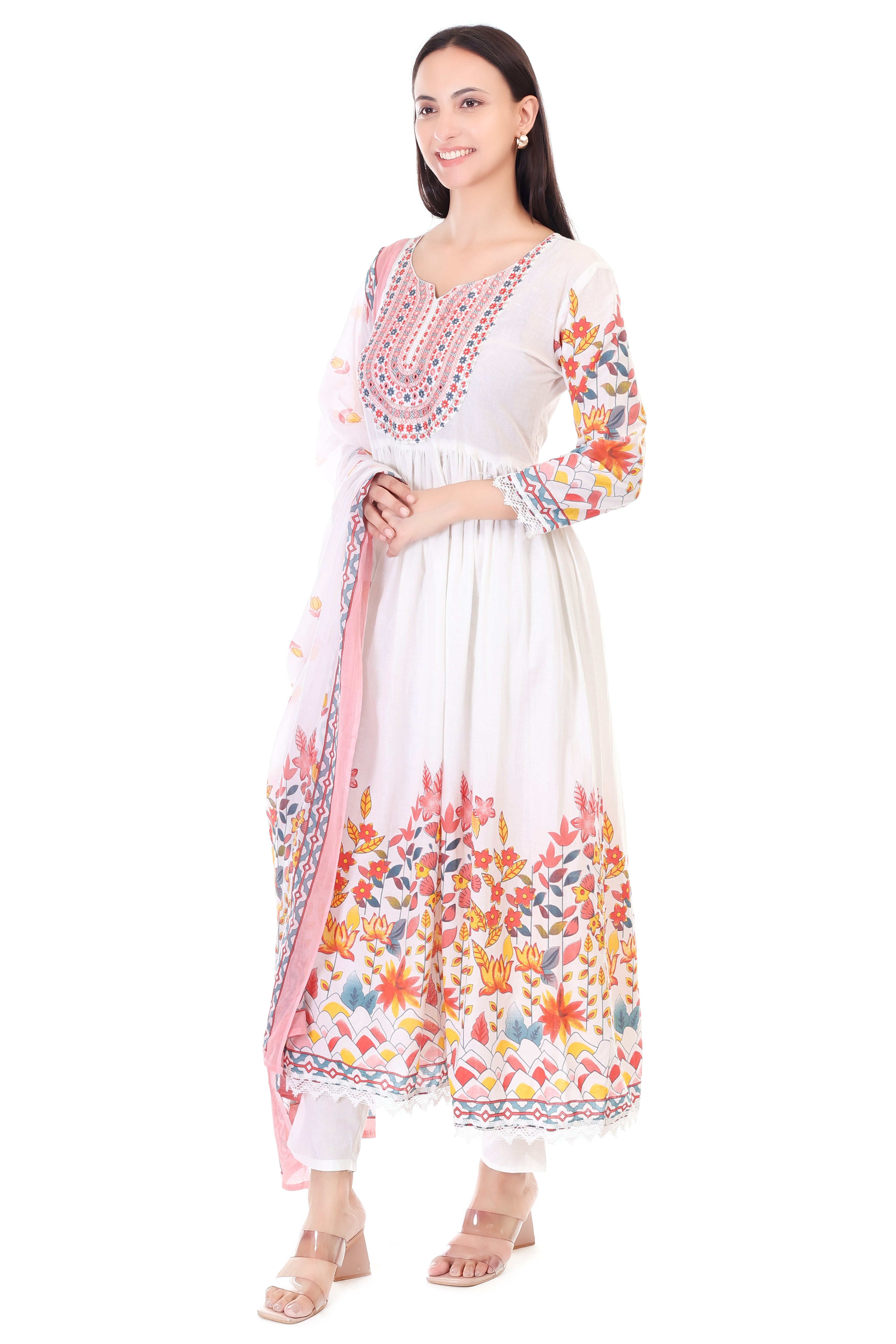 Jaitra Apparels Off White Embroidered Pure Cotton Kurta Set With Dupatta | Grocsy