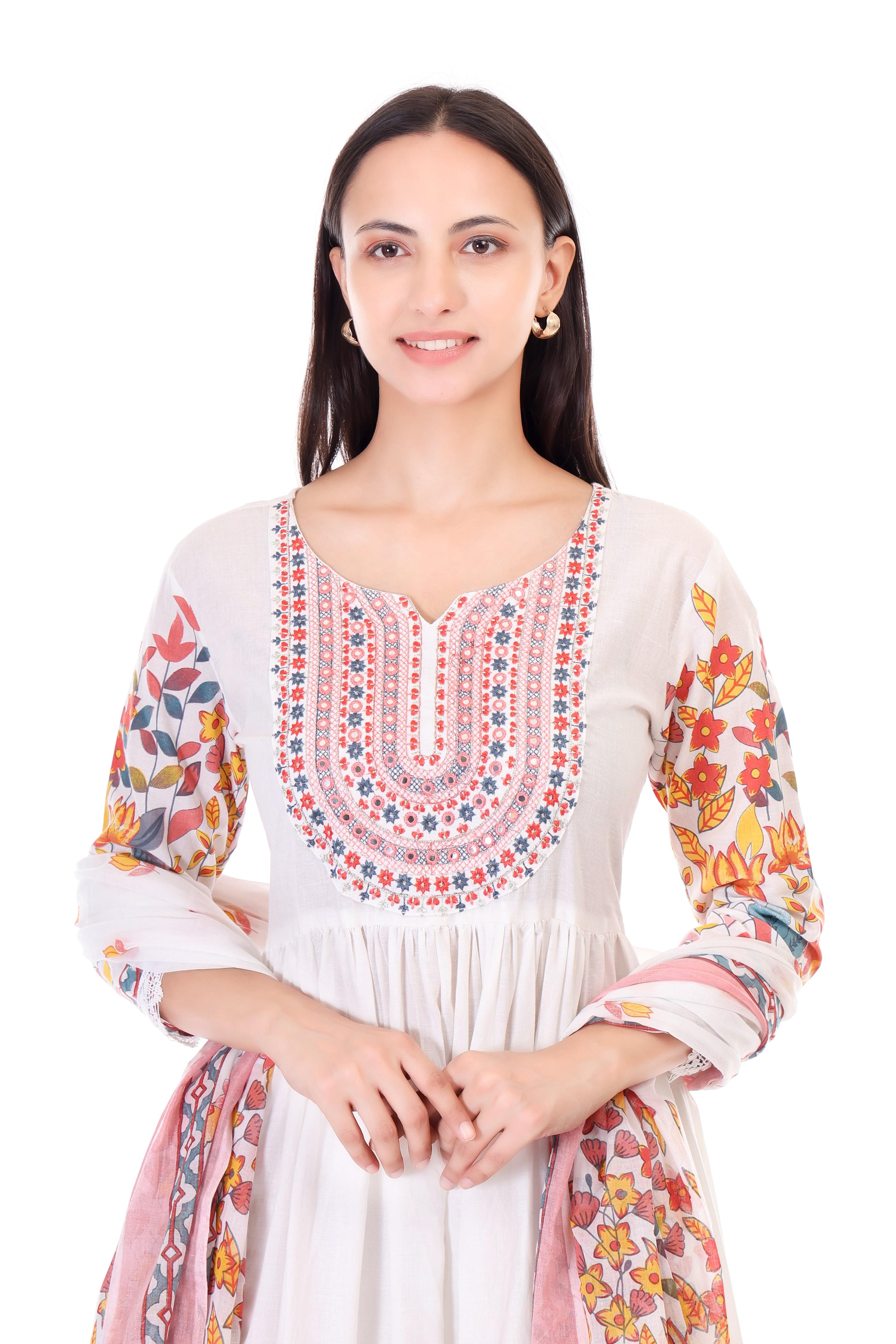 Jaitra Apparels Off White Embroidered Pure Cotton Kurta Set With Dupatta | Grocsy