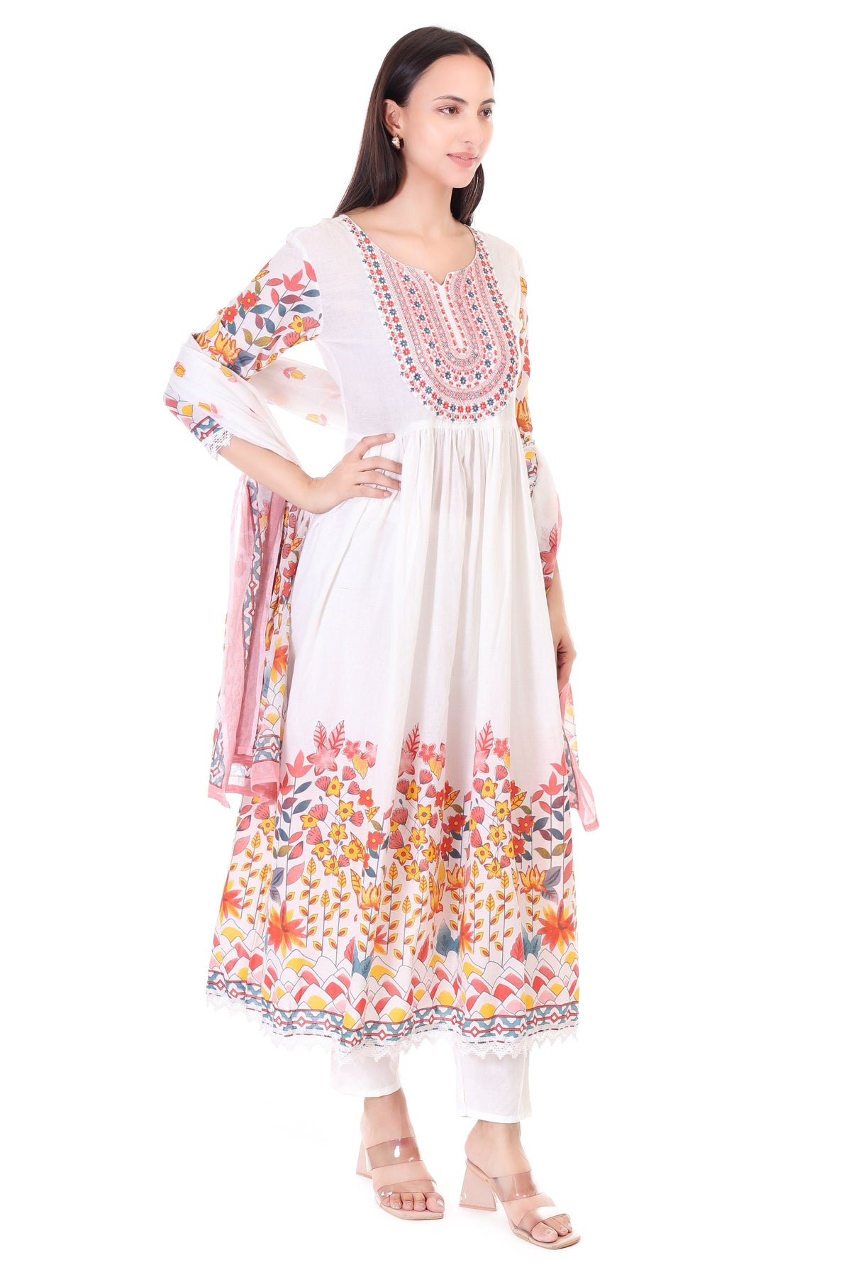 Jaitra Apparels Off White Embroidered Pure Cotton Kurta Set With Dupatta | Grocsy