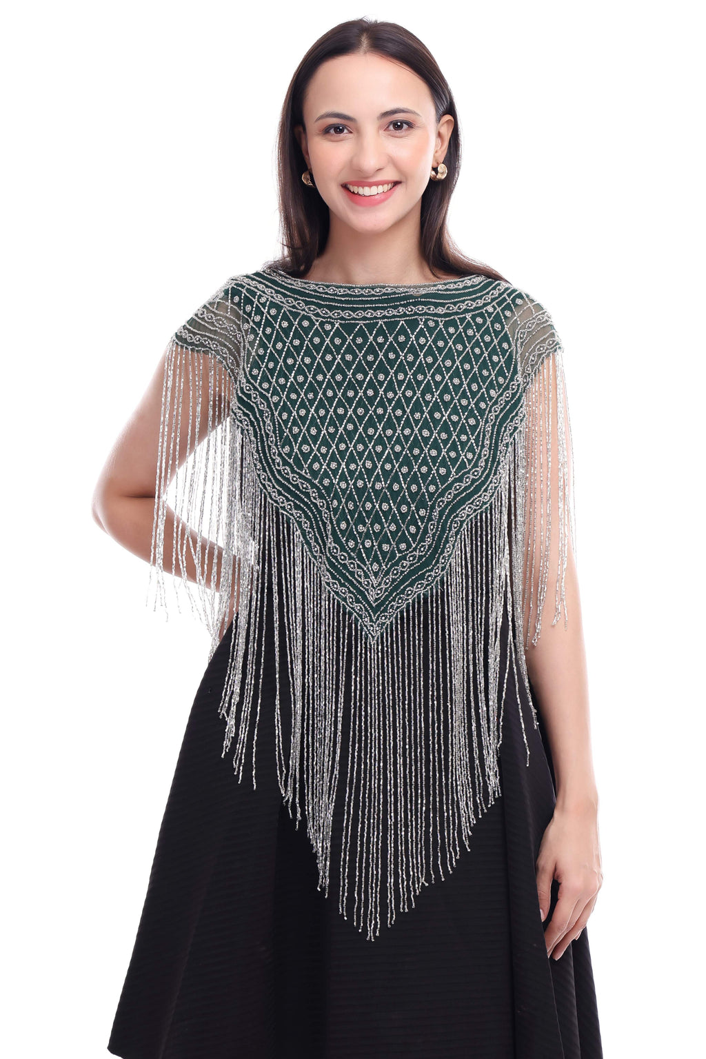 Jaitra Apparels Green Beads Embroidered Net Poncho | Grocsy
