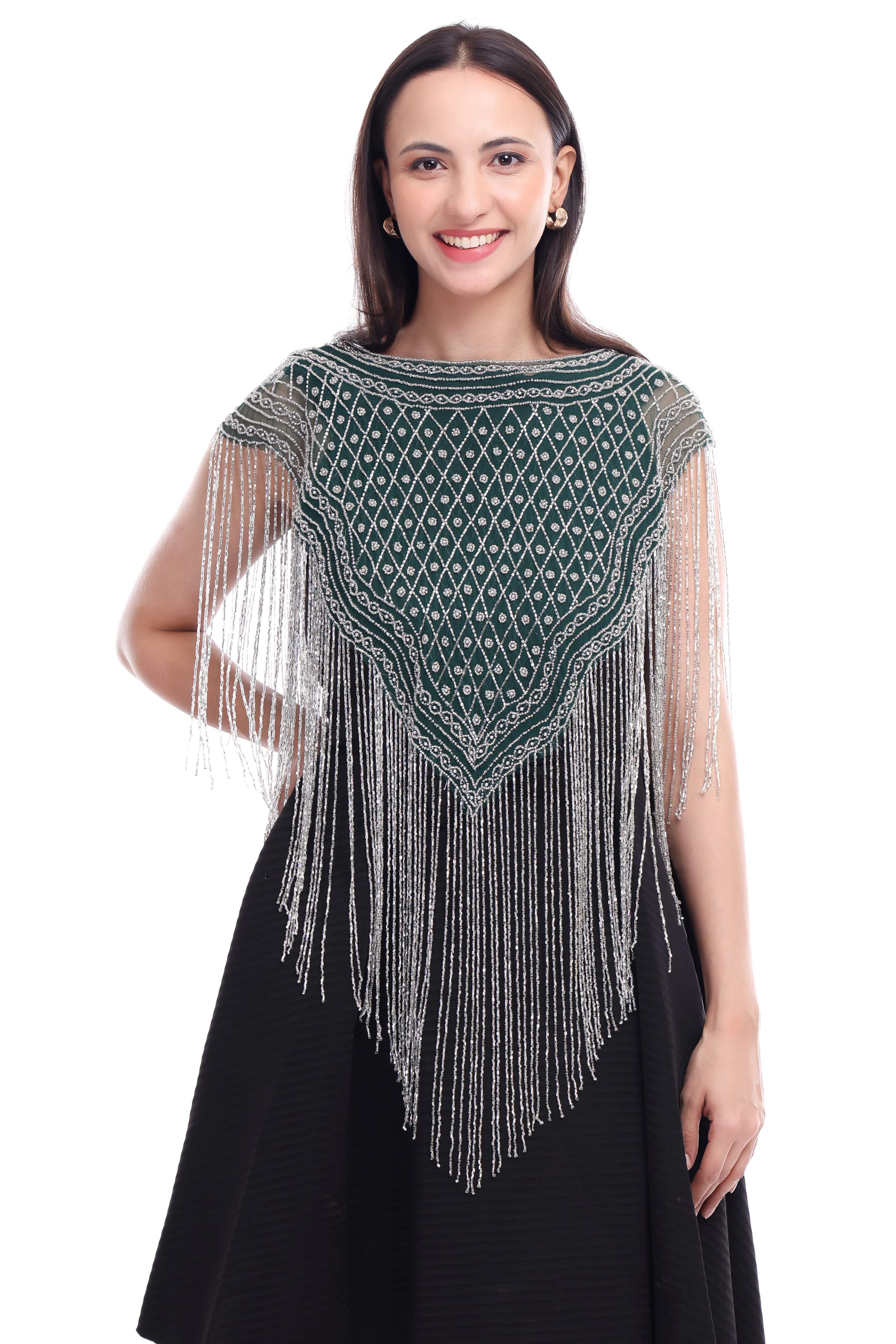 Jaitra Apparels Green Beads Embroidered Net Poncho | Grocsy