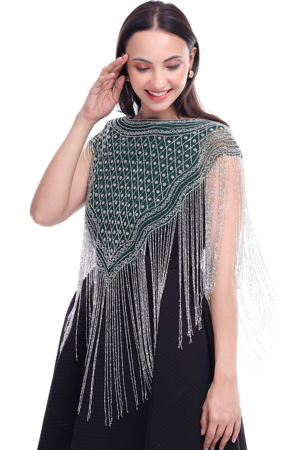 Jaitra Apparels Green Beads Embroidered Net Poncho | Grocsy