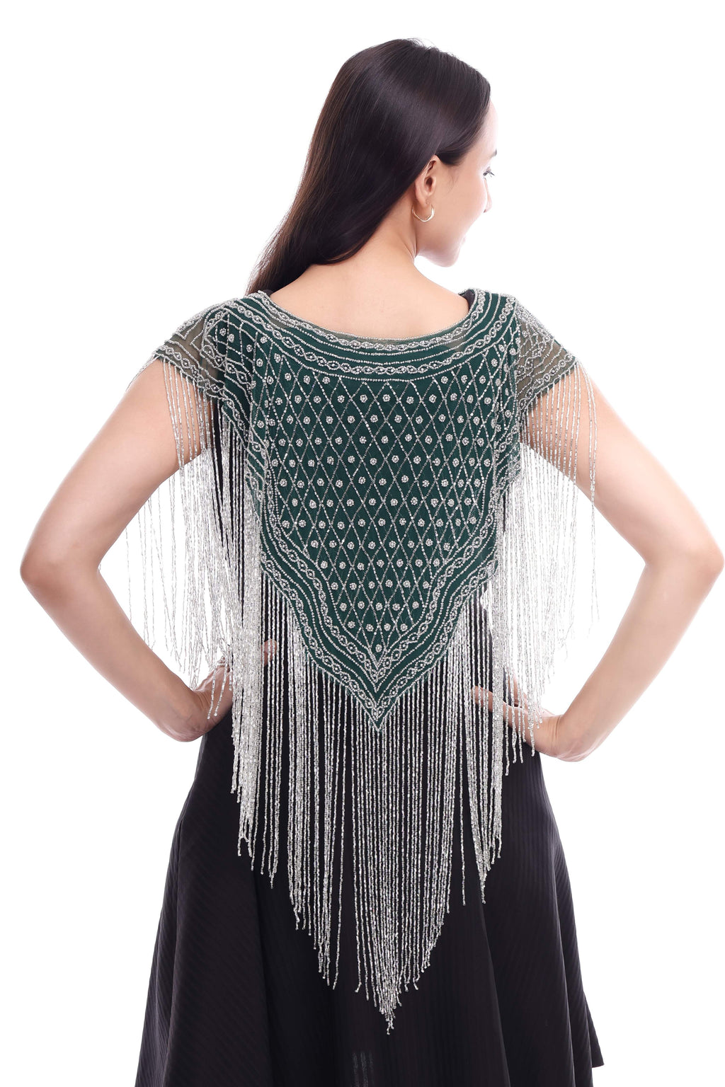 Jaitra Apparels Green Beads Embroidered Net Poncho | Grocsy