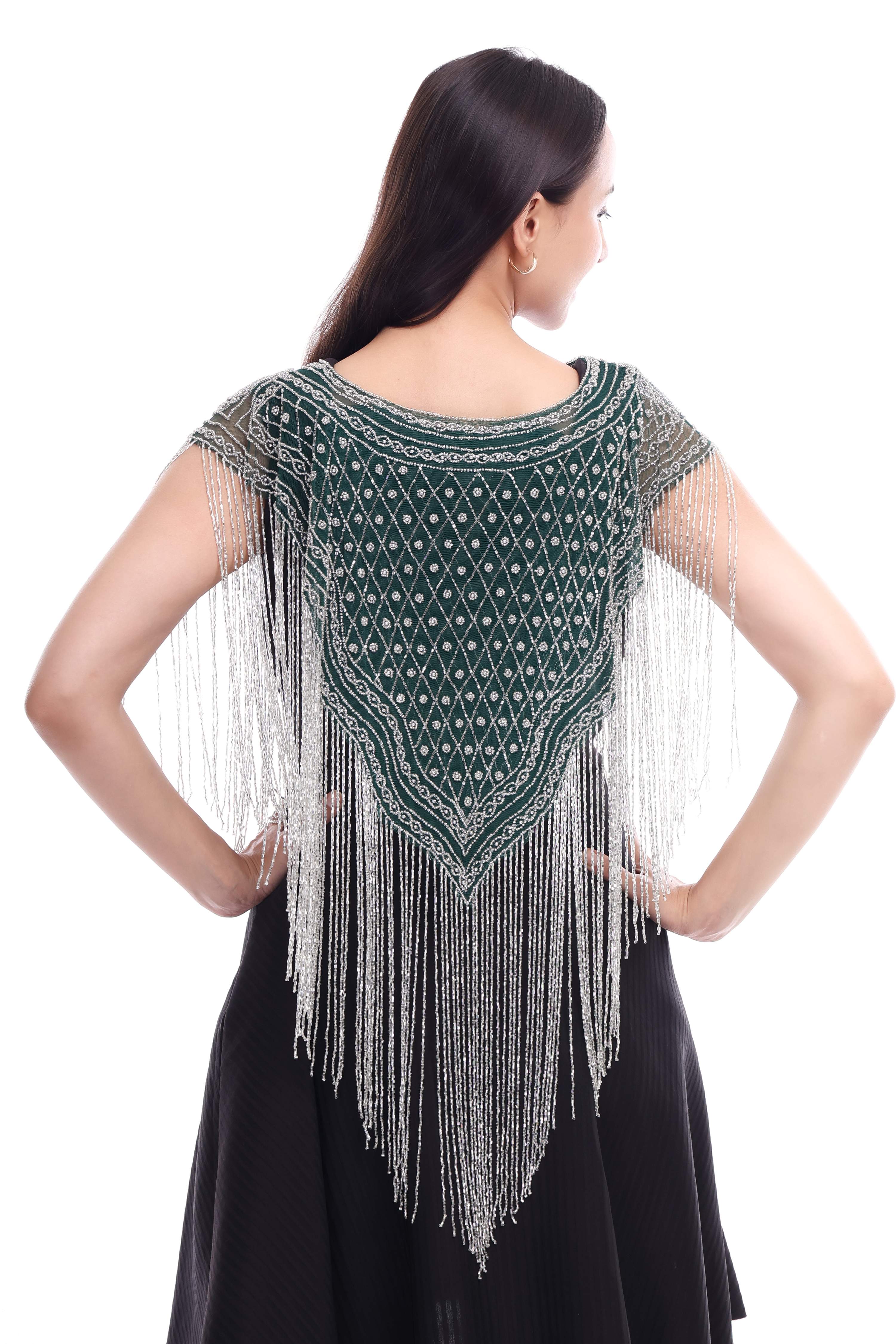 Jaitra Apparels Green Beads Embroidered Net Poncho | Grocsy