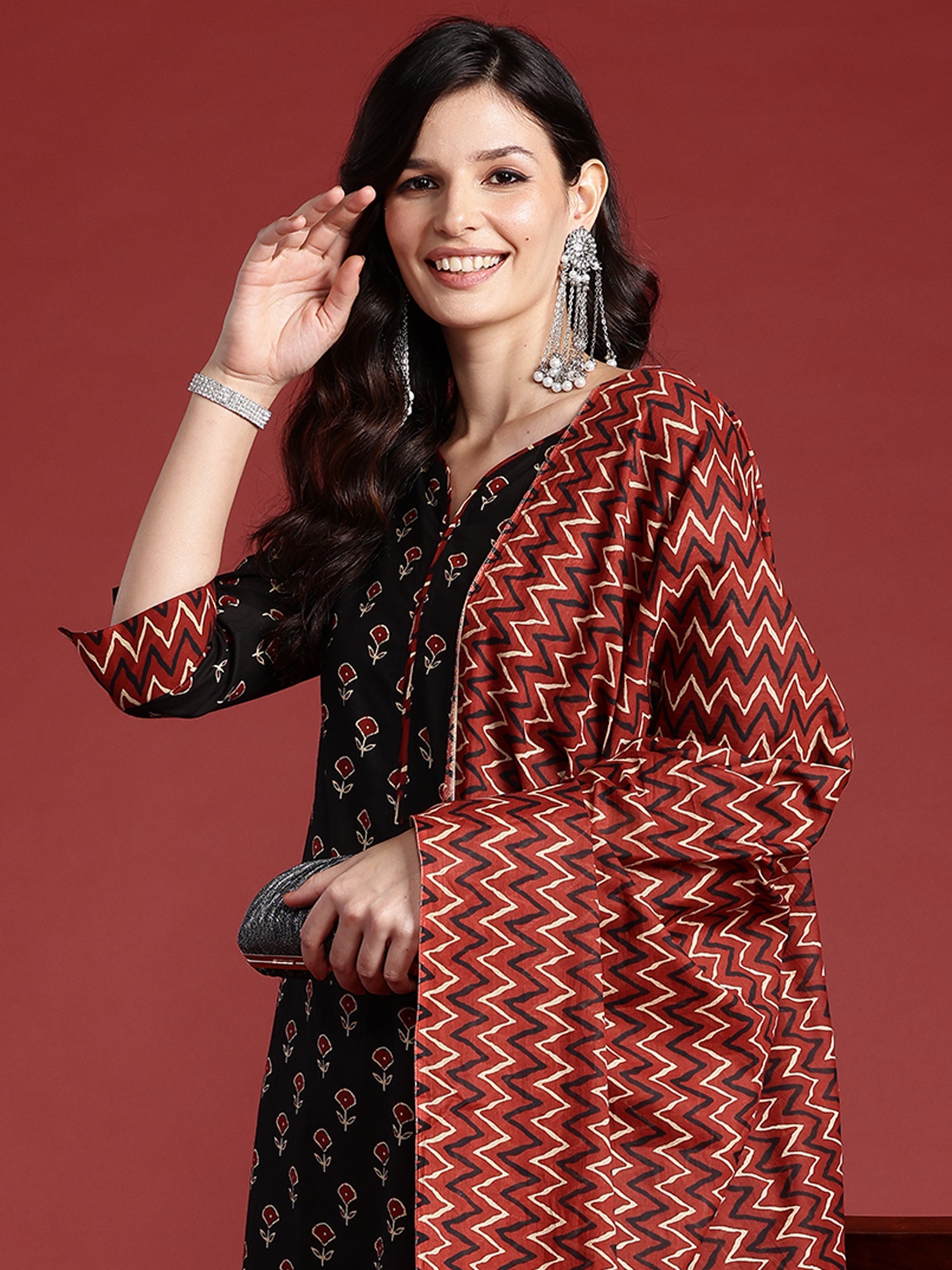 Indo Era Black Printed Straight Kurta Trousers With Dupatta set | Grocsy
