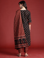Indo Era Black Printed Straight Kurta Trousers With Dupatta set | Grocsy