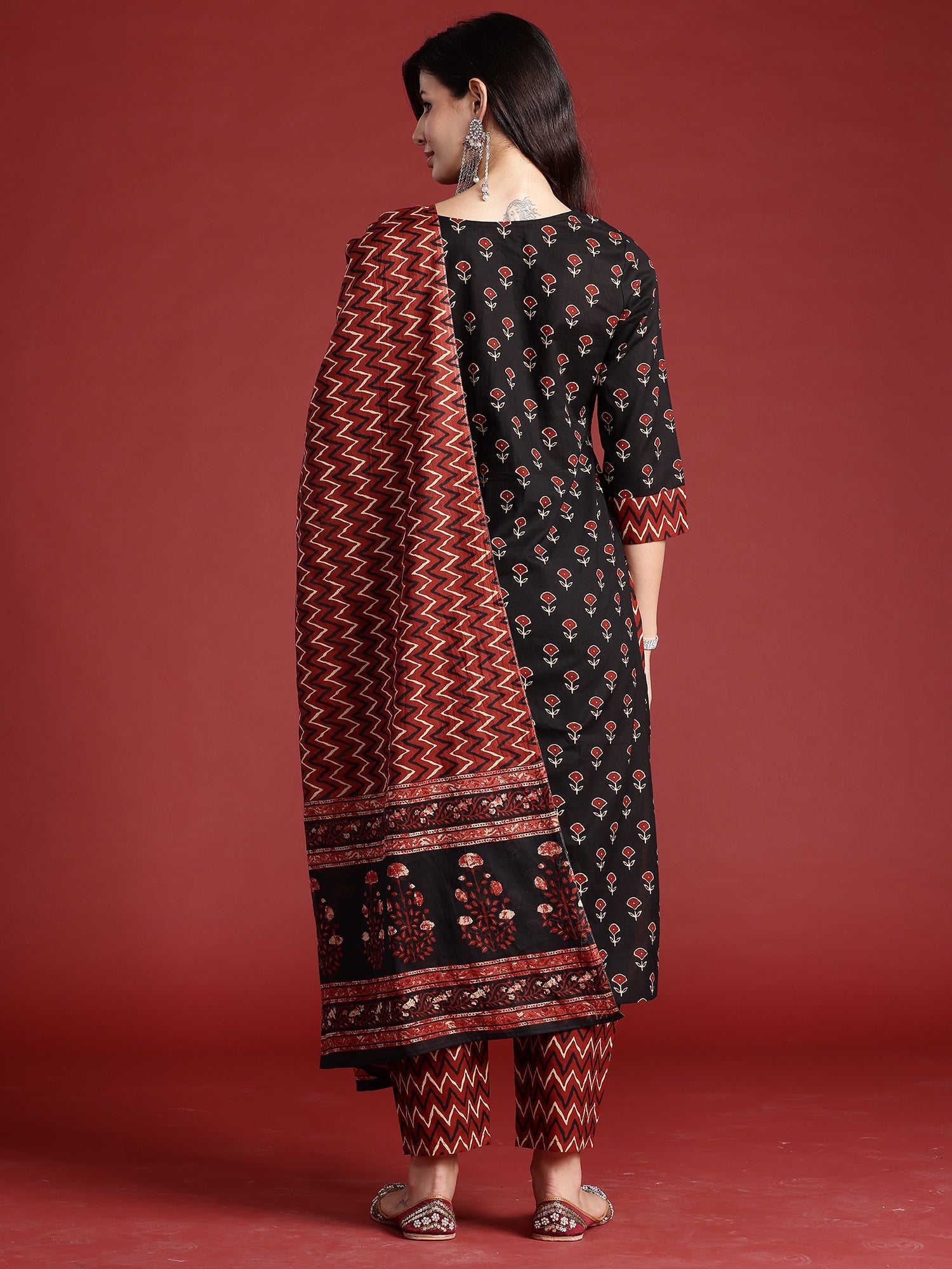 Indo Era Black Printed Straight Kurta Trousers With Dupatta set | Grocsy