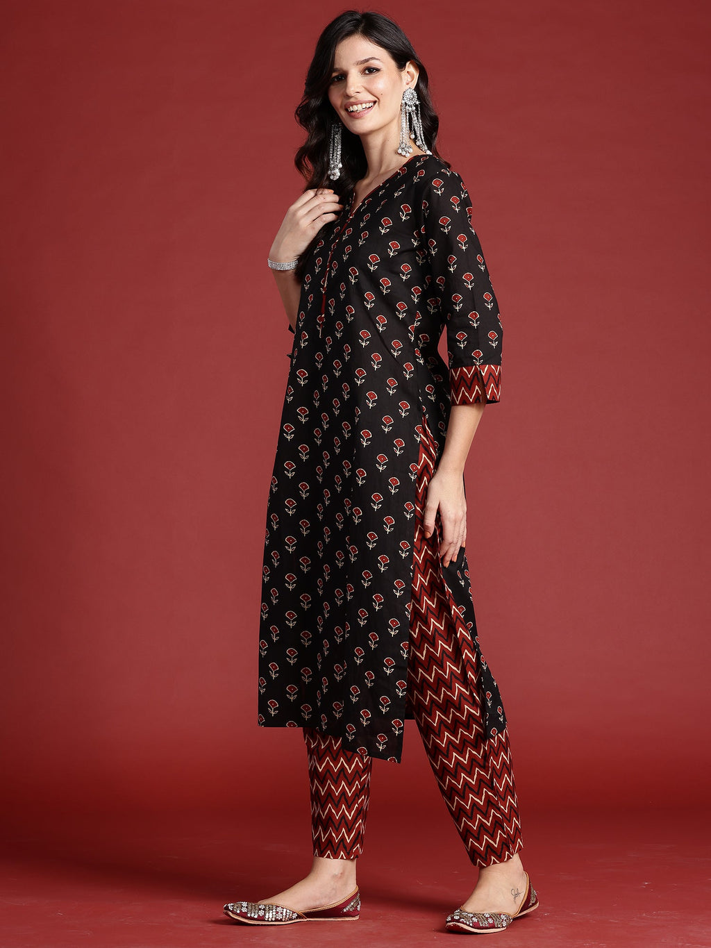 Indo Era Black Printed Straight Kurta Trousers With Dupatta set | Grocsy