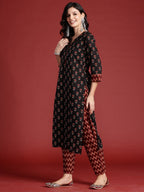 Indo Era Black Printed Straight Kurta Trousers With Dupatta set | Grocsy