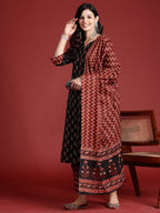 Indo Era Black Printed Straight Kurta Trousers With Dupatta set | Grocsy