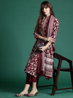Indo Era Maroon Printed Straight Kurta Trousers With Dupatta set | Grocsy