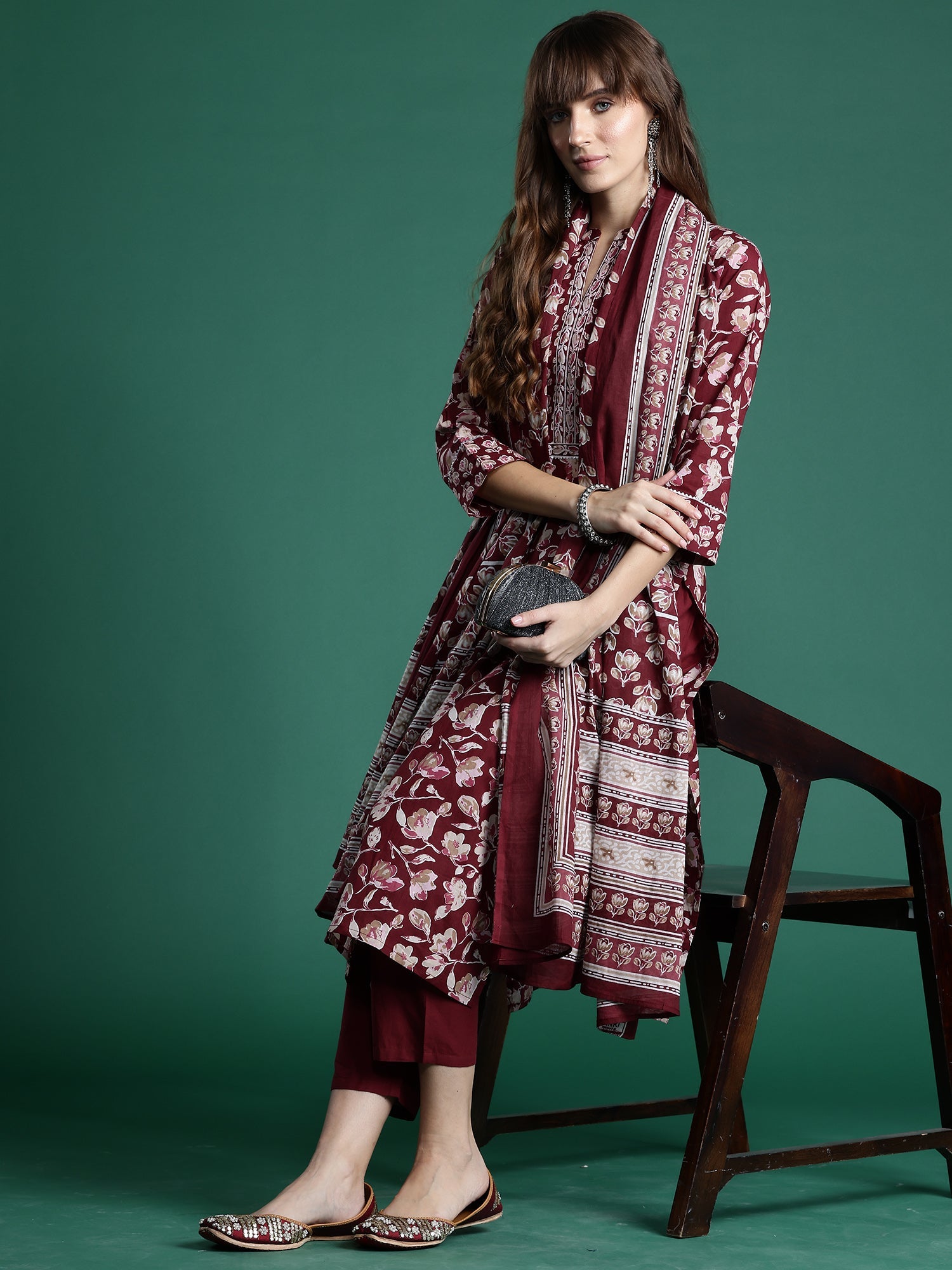 Indo Era Maroon Printed Straight Kurta Trousers With Dupatta set | Grocsy