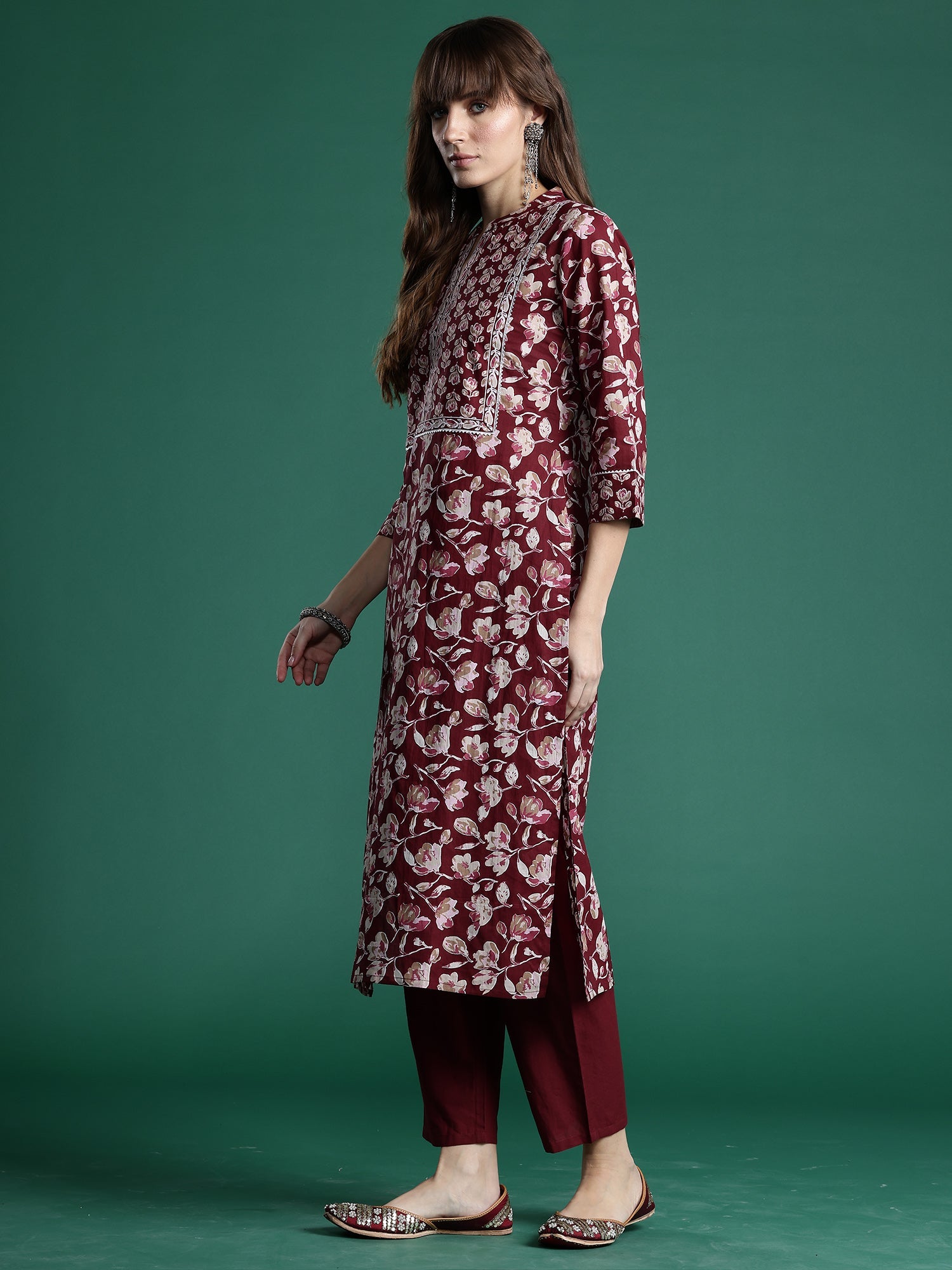 Indo Era Maroon Printed Straight Kurta Trousers With Dupatta set | Grocsy