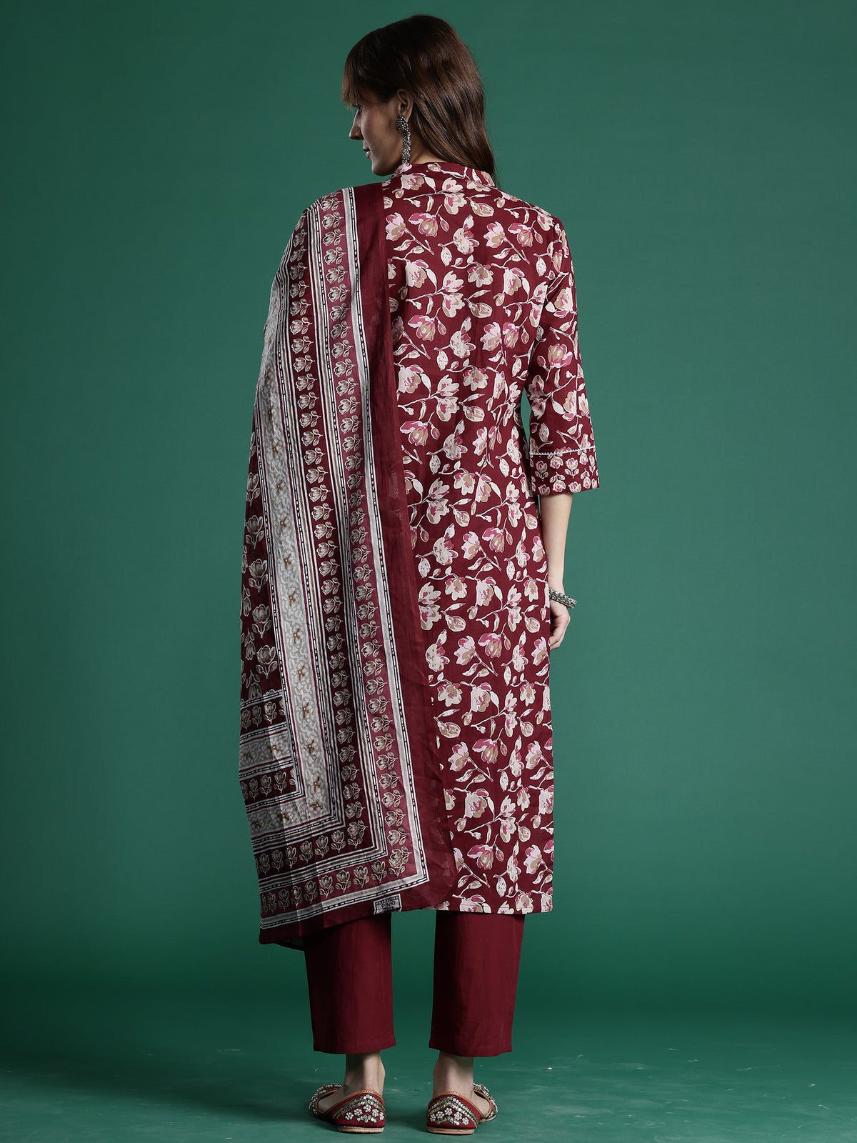 Indo Era Maroon Printed Straight Kurta Trousers With Dupatta set | Grocsy