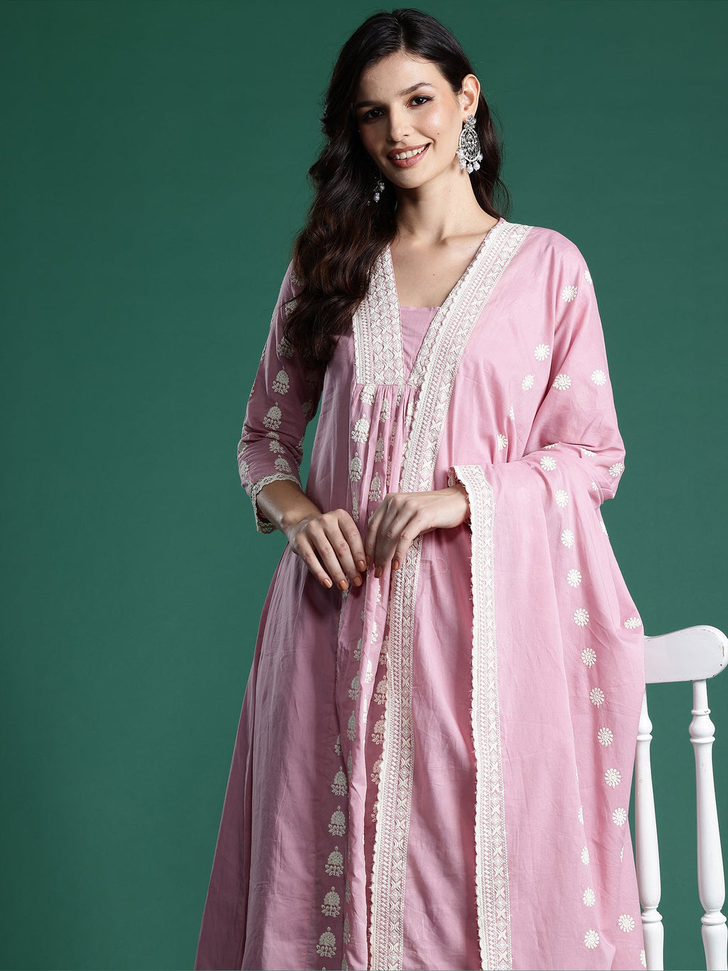 Indo Era Pink Embroidered A-Line Kurta Trousers With Dupatta set | Grocsy