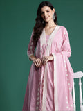 Indo Era Pink Embroidered A-Line Kurta Trousers With Dupatta set | Grocsy